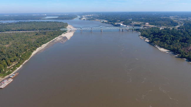 The Mississippi River near Vicksburg, Mississippi, looking northeast at the I-20 bridge in October 2016. The confluence of the Yazoo River is in the foreground.  