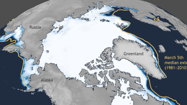 Arctic Ocean sea ice hit its annual peak for this year on March 5, 2020: This color-coded map shows Arctic sea ice concentration on March 5, 2020. Darkest blue indicates open water or ice concentration less than 15 percent. Shades of lighter blue to white indicate 15–100 percent ice cover. The gold line shows the median ice extent for this date over 1981–2010, an area of 6.04 million square miles (15.64 million square kilometers). Median falls “in the middle” because half of the years in the