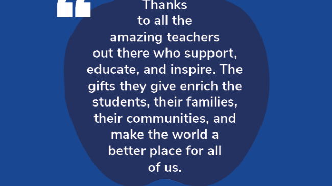 A graphic with an apple and the NOAA logo. Text: "Thanks to all the amazing teachers out there who support, educate, and inspire. The gifts they give enrich the students, their families, their communities and make the world a better place for all of us." Louisa Koch, Director of Education, NOAA.