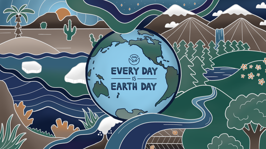 A doodled graphic of the Earth with the text “Every day is Earth Day” on it. The Earth is surrounded by drawings of nature including a desert, tropics, tundra, marine and deep sea environments, mountains, forests, rivers, and hills.