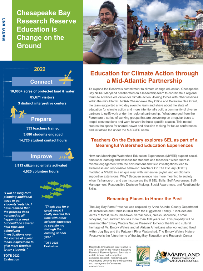 Thumbnail of a PDF titled, "Chesapeake Bay Maryland Research Reserve Education is Change on the Ground."