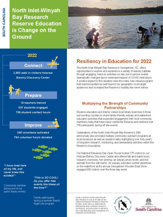 Thumbnail of a PDF titled, "North Inlet-Winyah Bay Research Reserve Education is Change on the Ground."