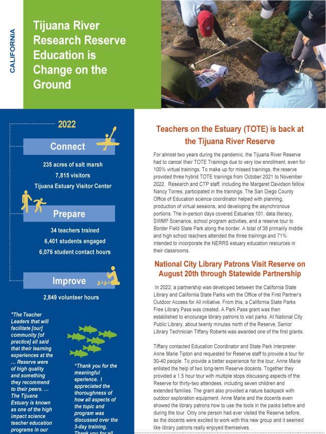 Thumbnail of a PDF titled, "Tijuana River Research Reserve Education is Change on the Ground."