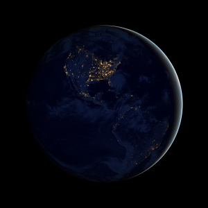 This new image of the Earth at night (showing the Americas) is a composite assembled from data acquired by the Suomi National Polar-orbiting Partnership (Suomi NPP) satellite over nine days in April 2012 and thirteen days in October 2012. It took 312 orbits and 2.5 terabytes of data to get a clear shot of every parcel of Earth’s land surface and islands. The nighttime view was made possible by the new satellite’s “day-night band” of the Visible Infrared Imaging Radiometer Suite. VIIRS detects
