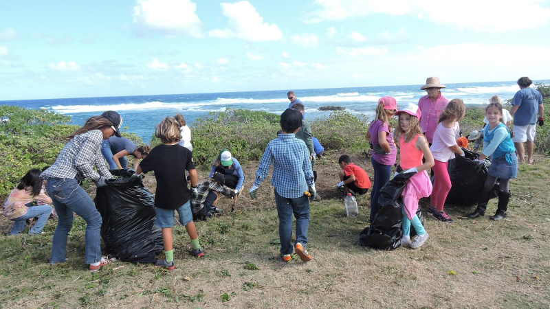 Bagging the bad guys – students remove invasive plants to prepare an area for planting native plants in Hawaii.