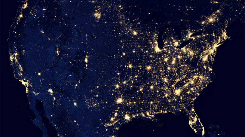 This image of the United States of America at night is a composite assembled from data acquired by the Suomi NPP satellite in April and October 2012. The image was made possible by the new satellite’s “day-night band” of the Visible Infrared Imaging Radiometer Suite (VIIRS), which detects light in a range of wavelengths from green to near-infrared and can observe dim signals such as city lights, gas flares, auroras, wildfires, and reflected moonlight.