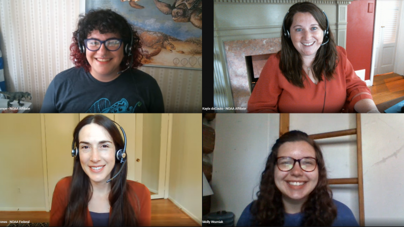 The NOAA Office of Education Communication and Outreach team snap a photo from Google hangouts with their virtual intern, Molly Wozniak. From left to right, top row: Bekkah Lampe, Kayla do Couto. From left to right, bottom row: Marissa Jones, Molly Wozniak.