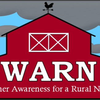 Graphic of a red barn with a weathervane with blue sky, gray clouds, and a lightning bolt in the background. Text: WARN: Weather Awareness for a Rural Nation. 