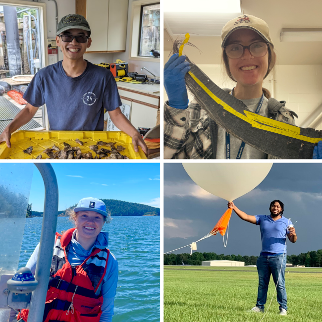 A grid of photos showing scholars doing a variety of activities, including: holding a tray of sampled oysters in a lab, holding a plate of whale baleen, on a boat, holding a weather balloon, and at a computer displaying audio data.