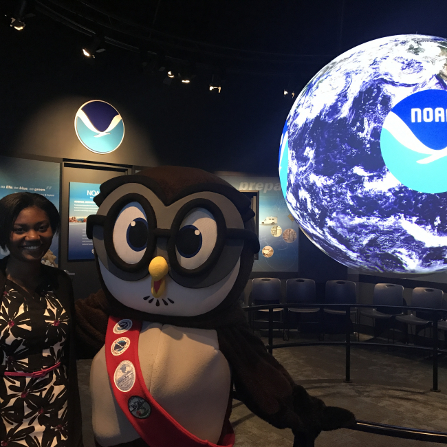 Hollings Scholar Amber Liggett filming an Owlie Skywarn video during her education and outreach internship with the National Weather Service.