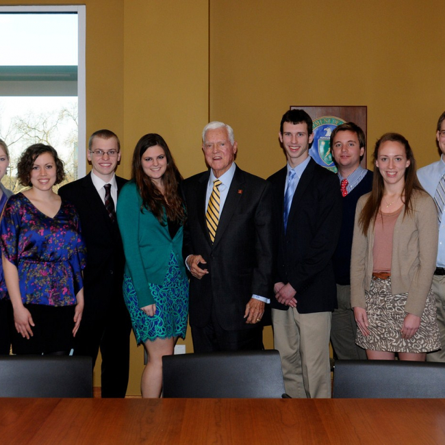 NOAA Hollings Scholars from the classes of 2011 and 2012 met with Senator Ernest F Hollings (center) at the University of South Carolina’s Hollings Library.