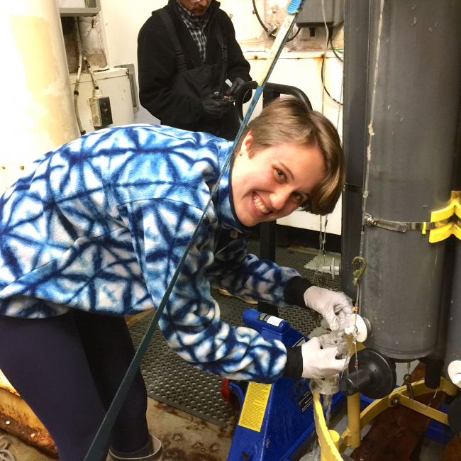 Hollings Scholar Meghan Shea conducts oxygen sampling using a Conductivity, Temperature, Depth (CTD) instrument during her internship with the NOAA Pacific Marine Environmental Lab. 