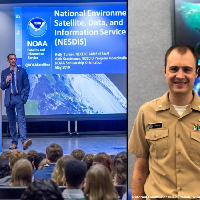A side-by-side photo of Alek Krautmann, a management and program analyst for NOAA’s National Environmental Satellite, Data, and Information Service (NESDIS) and Damian Manda, a Lieutenant Commander in the NOAA Corps.