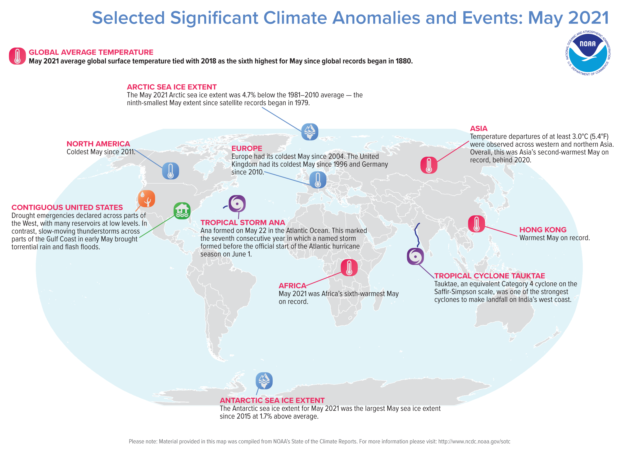 A map of the world plotted with some of the most significant climate events that occurred during May 2021. Please see the story below as well as more details in the report summary from NOAA NCEI at http://bit.ly/Global202105. 