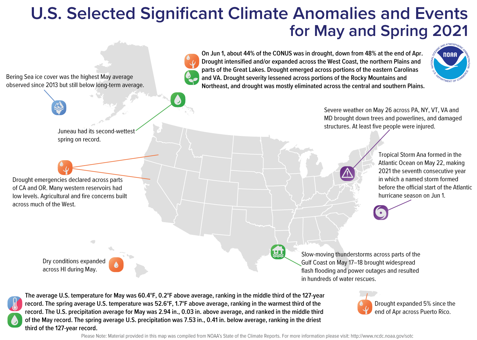 A map of the United States plotted with significant climate events that occurred during May 2021. Please see article text below as well as the full climate report highlights at http://bit.ly/USClimate202105.