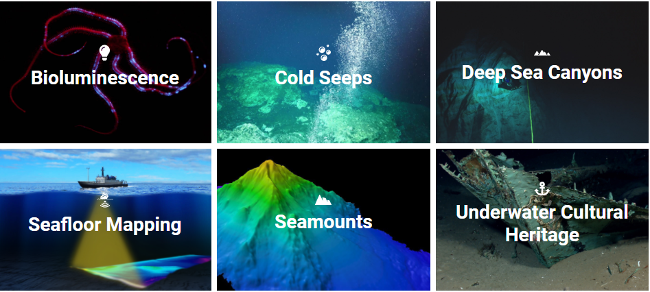 Six squares each with different ocean topic photos. Text: Bioluminescence, cold seeps, deep sea canyons, seafloor mapping, seamounts, underwater cultural heritage.