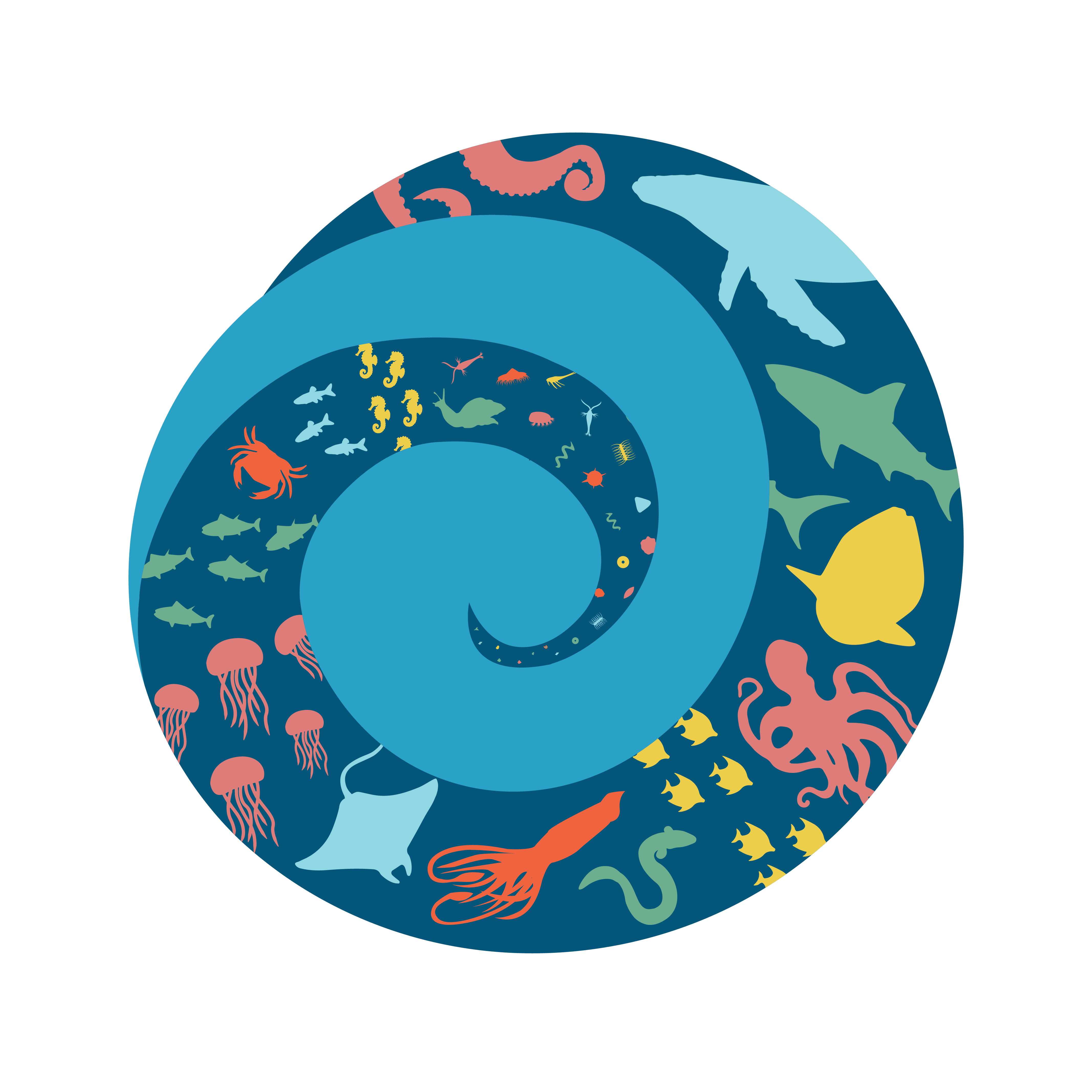 A graphic of a spiral featuring different forms of ocean life, including phytoplankton, shrimp, crabs, squid, sharks, octopuses, and more.