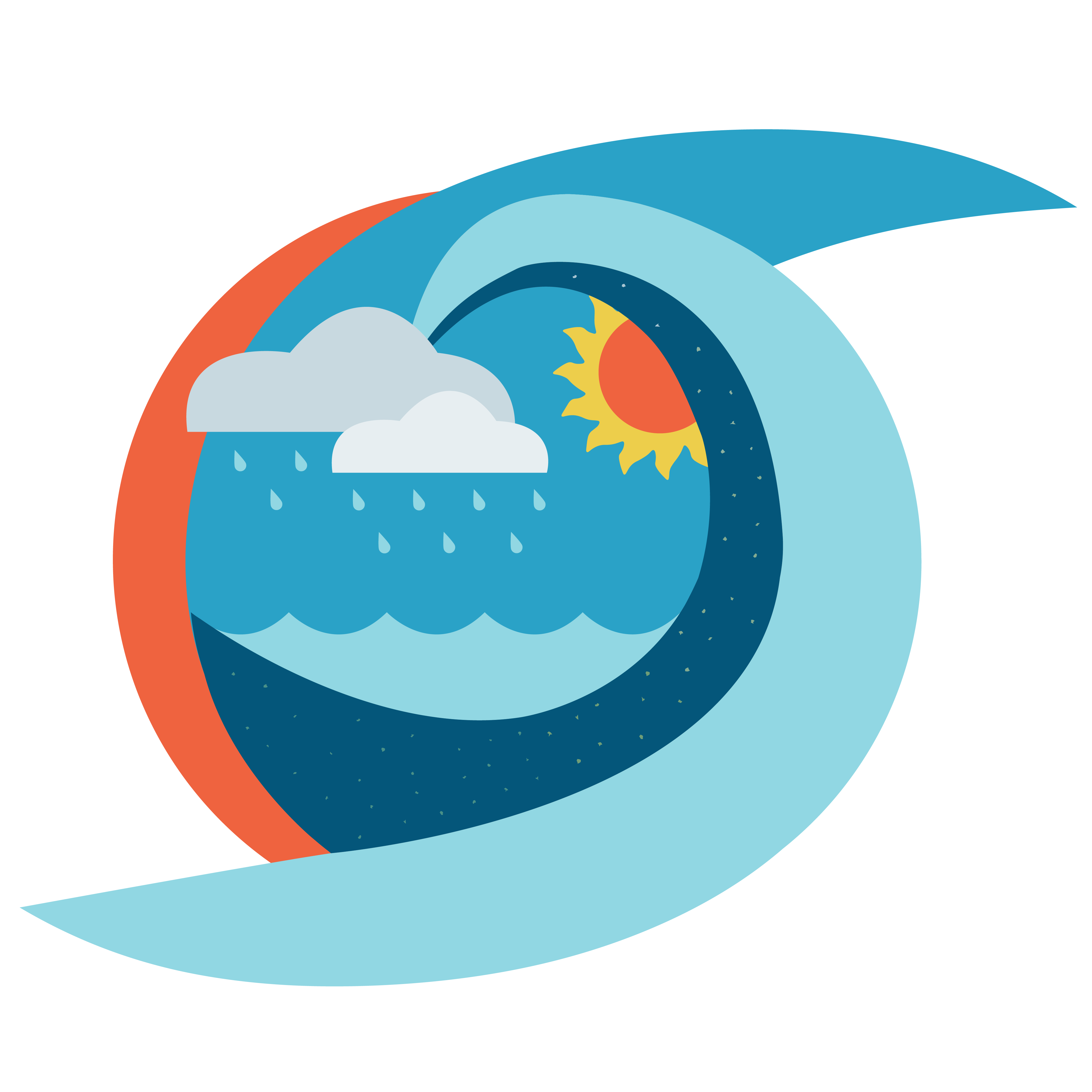  A graphic of the ocean, sun, sky, and rain clouds connected into a hurricane-like symbol. Specs in the water indicate other molecules, like carbon.