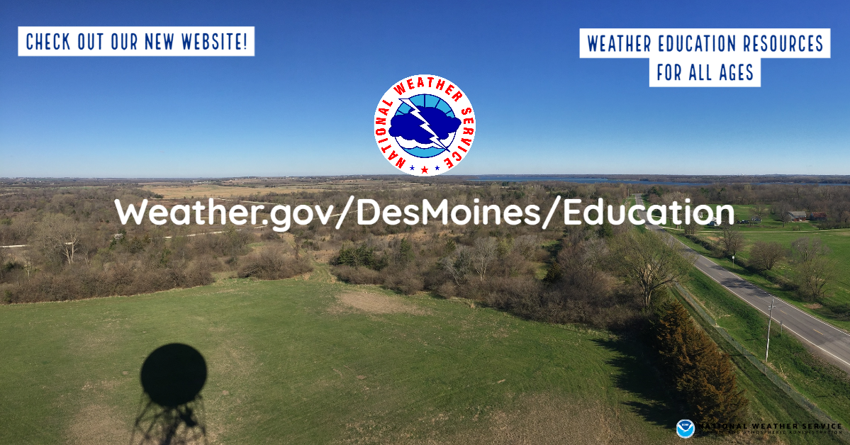 Promotional card that says, “Check out our new website! Weather education resources for all ages at weather.gov/desmoines/education.” The card includes the National Weather Service logo and a photograph of a shadow of a weather radar in a field.