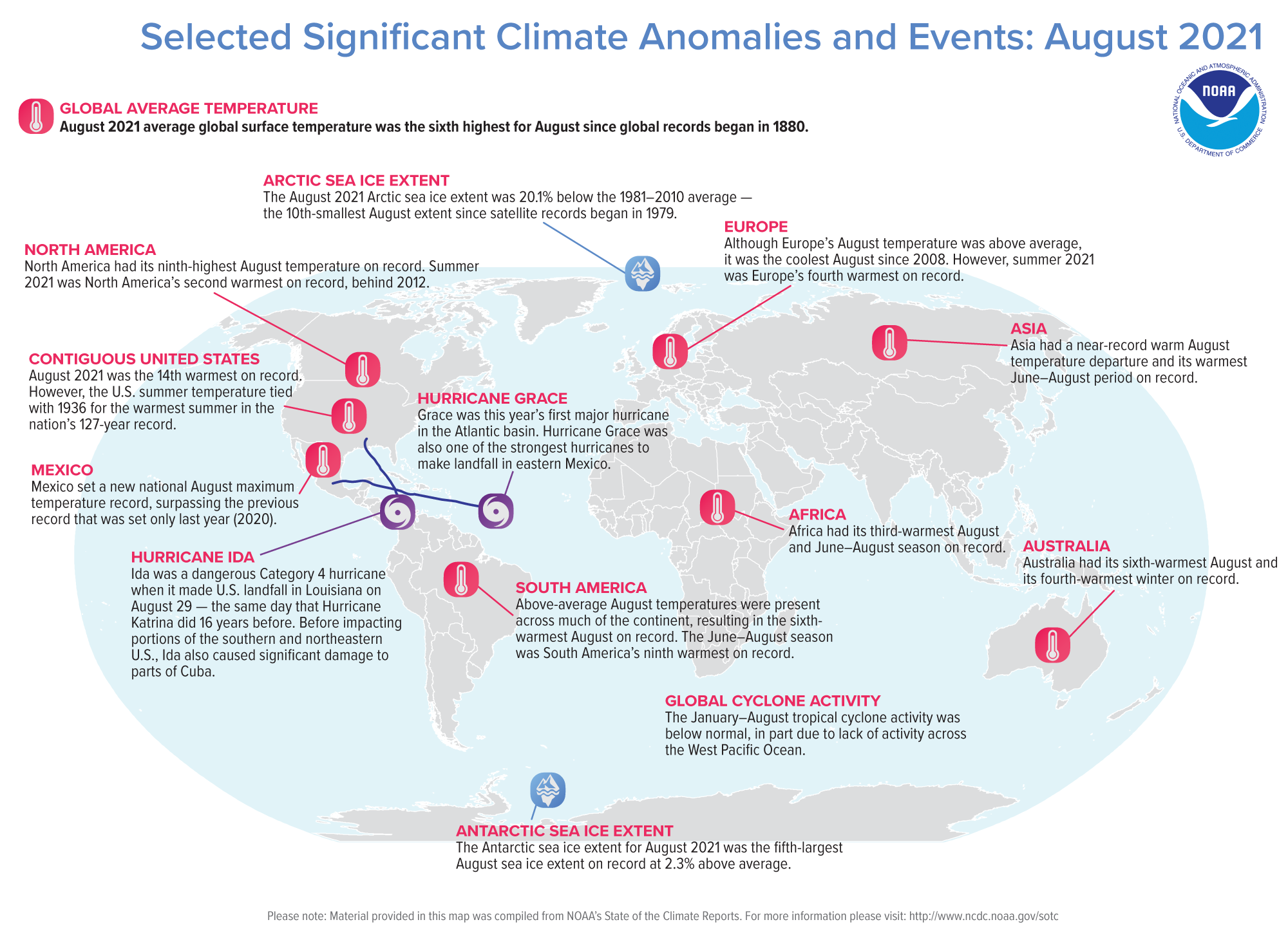 A map of the world plotted with some of the most significant climate events that occurred during July 2021. Please see the story below as well as more details in the report summary from NOAA NCEI at http://bit.ly/Global202109.