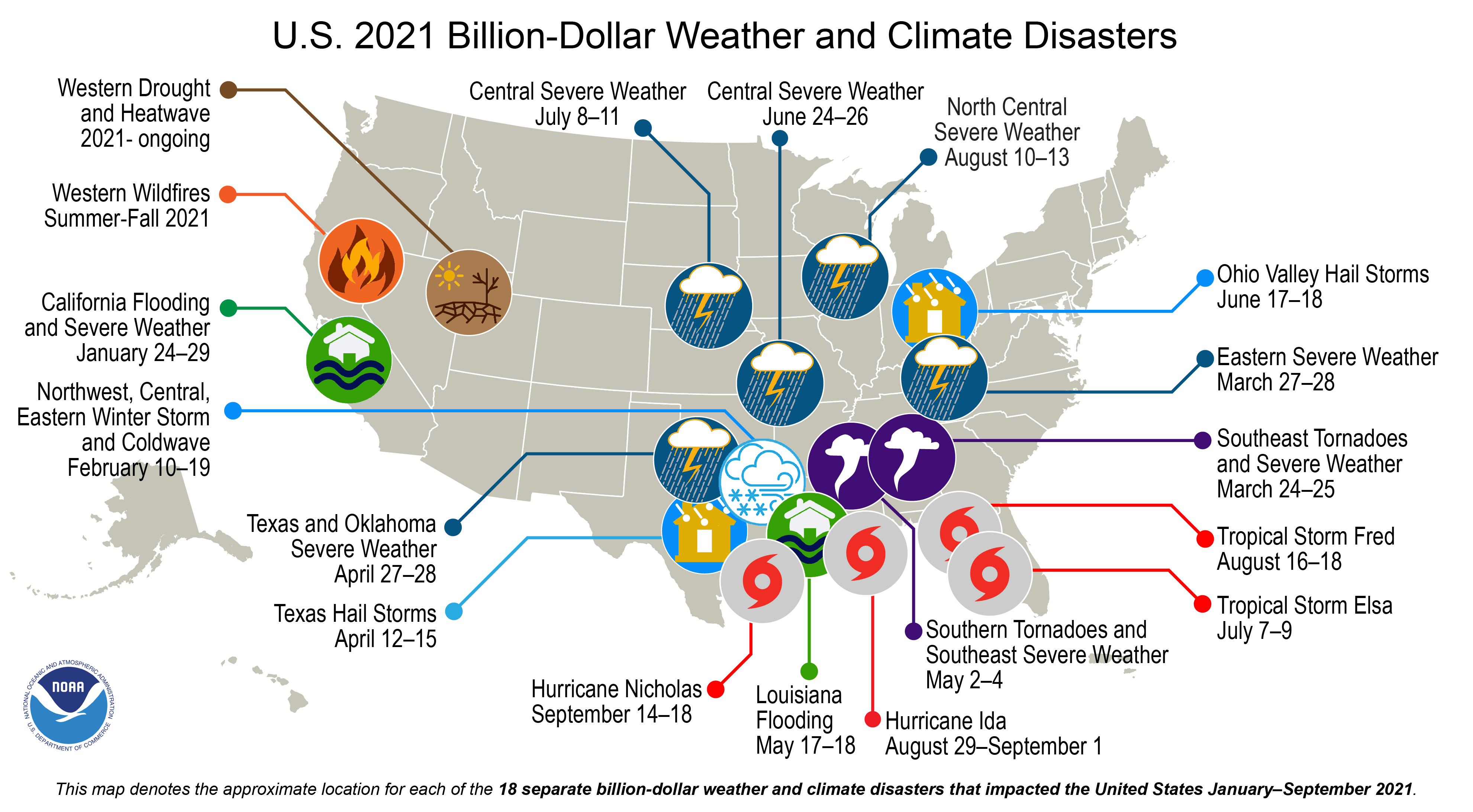 A map of the United States plotted with 18 weather and climate disasters each costing $1 billion or more that occurred between January and September 30, 2021.