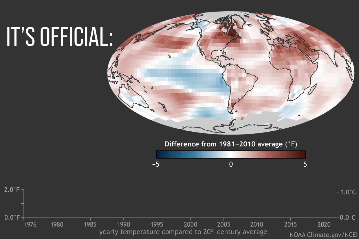 GIF showing global average surface temperature in 2021 compared to the 1981-2010 average.