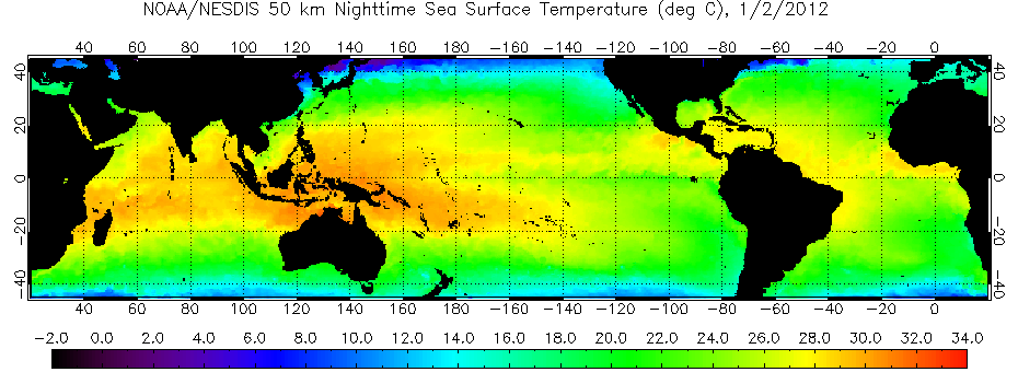 Sea surface temperature loop, by month, for 2012-14