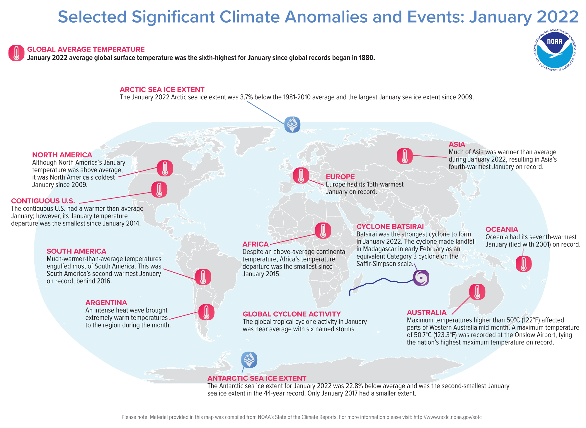 A map of the world plotted with some of the most significant climate events that occurred during January 2022.