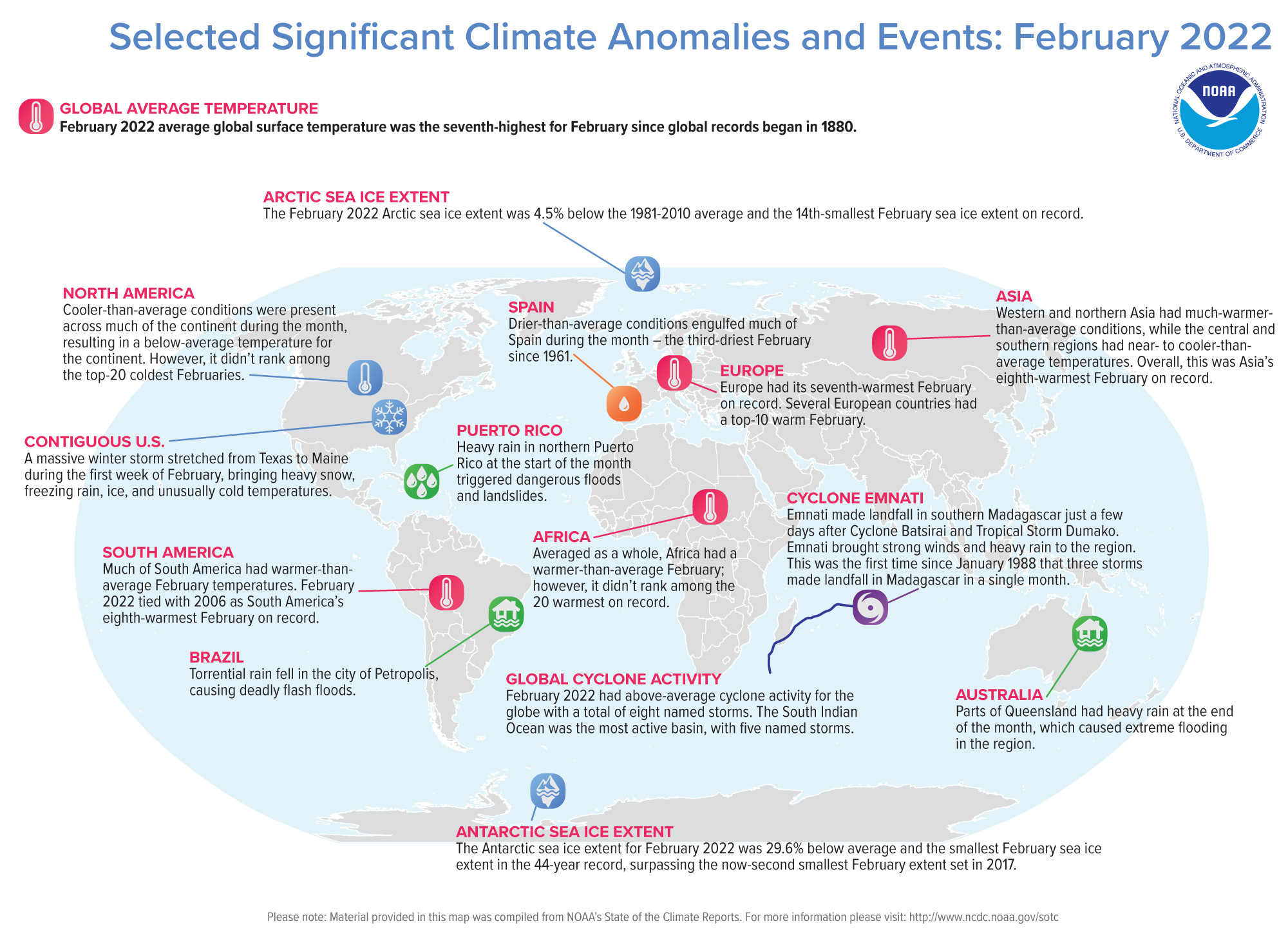 A map of the world plotted with some of the most significant climate events that occurred during February 2022. 