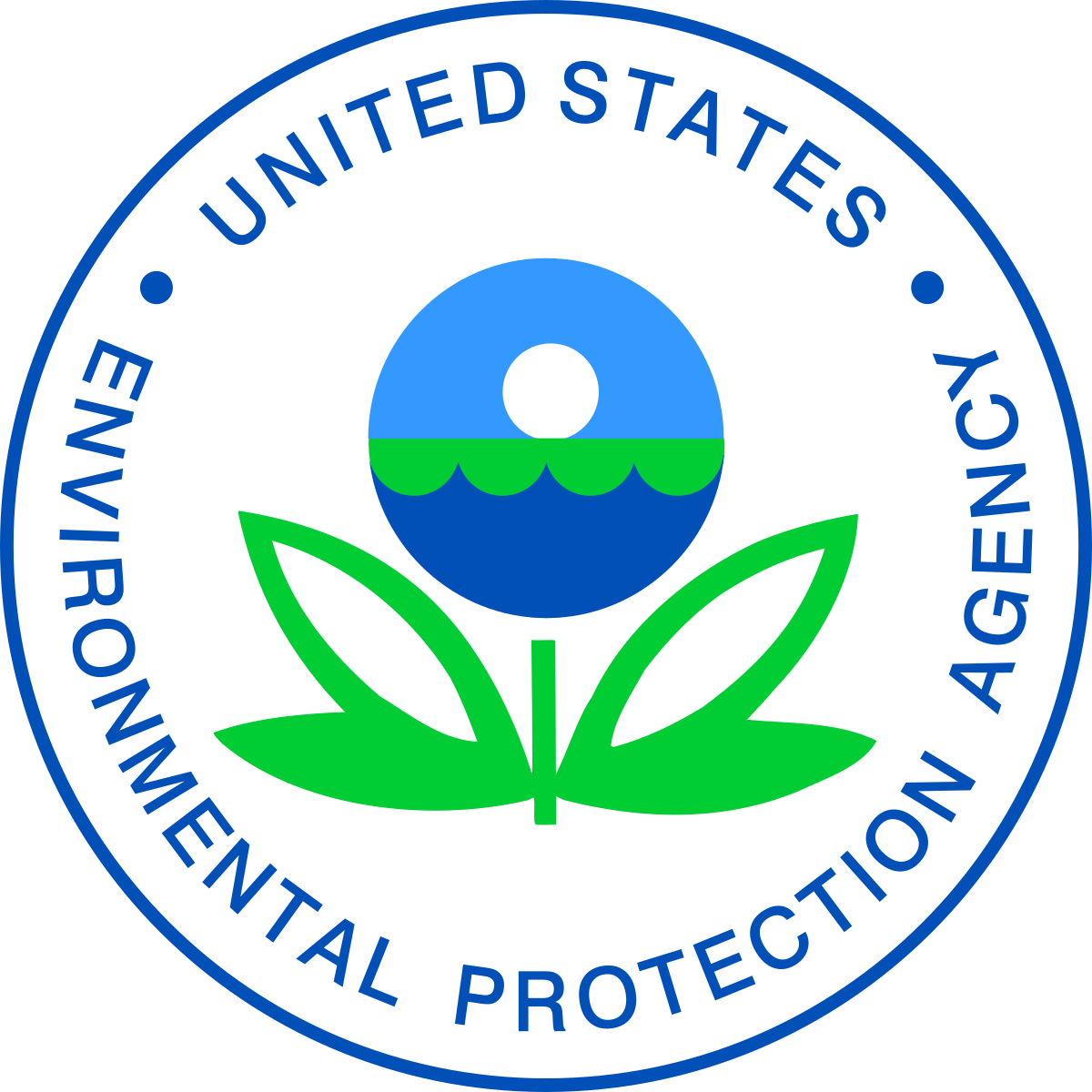 Emblem with circular text, "United States Environmental Protection Agency" around an illustration of a flower of the sun, grass and water in it and leaves below.