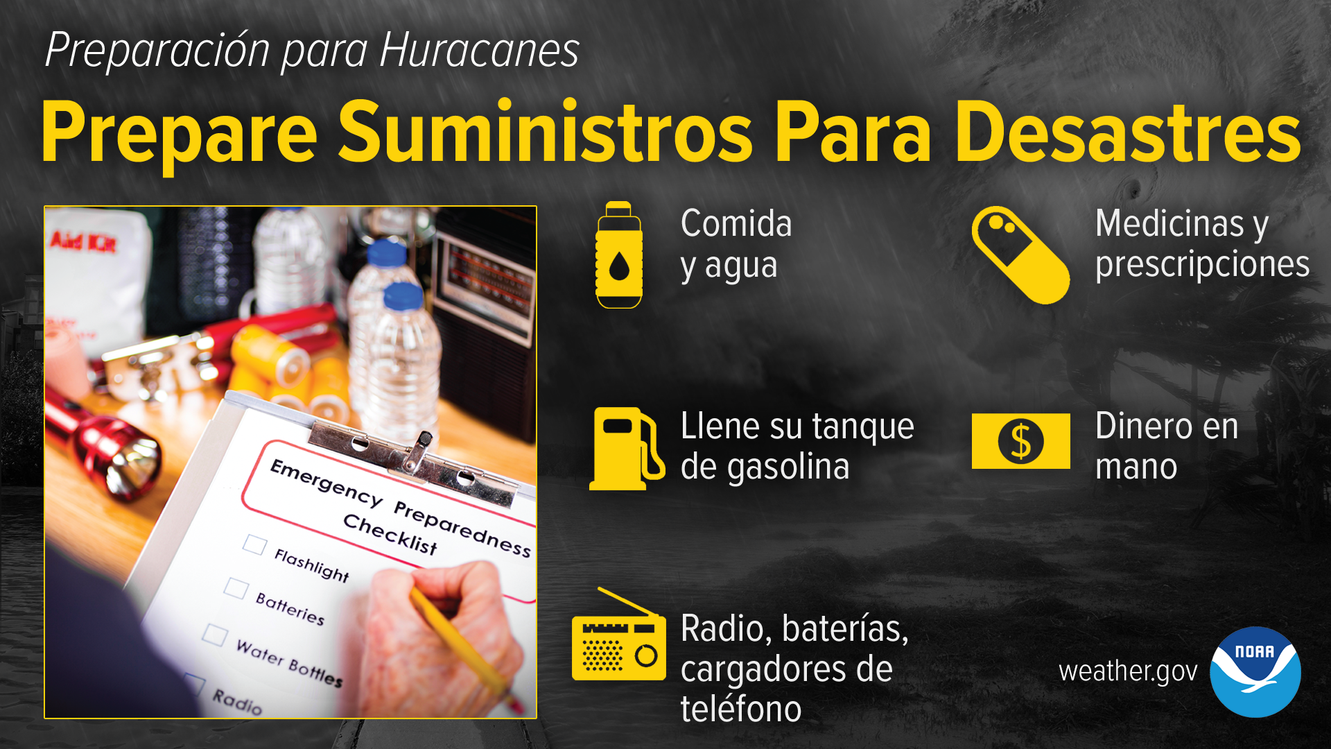 Preparación para Huracanes - Prepare Suministros Para Desastres: Comida y agua. Medicinas y prescripciones. Llene su tanque de gasolina. Radio, baterías, cargadores de teléfono. Dinero en mano.