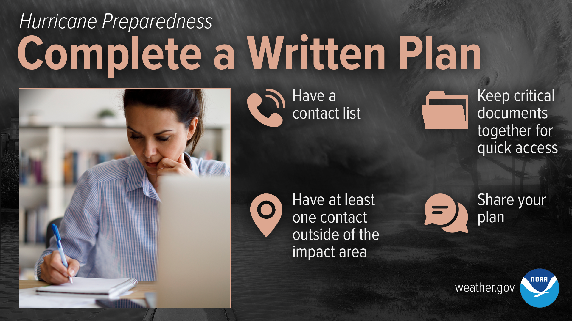 Hurricane Preparedness - Complete a Written Plan. Have a contact list. Keep critical documents together for quick access. Have at least one contact outside of the impact area. Share your plan.