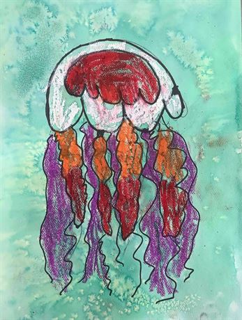Artwork of a jellyfish with purple and orange tentacles.