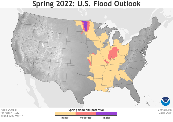 This map depicts the locations where there is a greater than 50% chance of moderate or minor flooding during March through May, 2022.