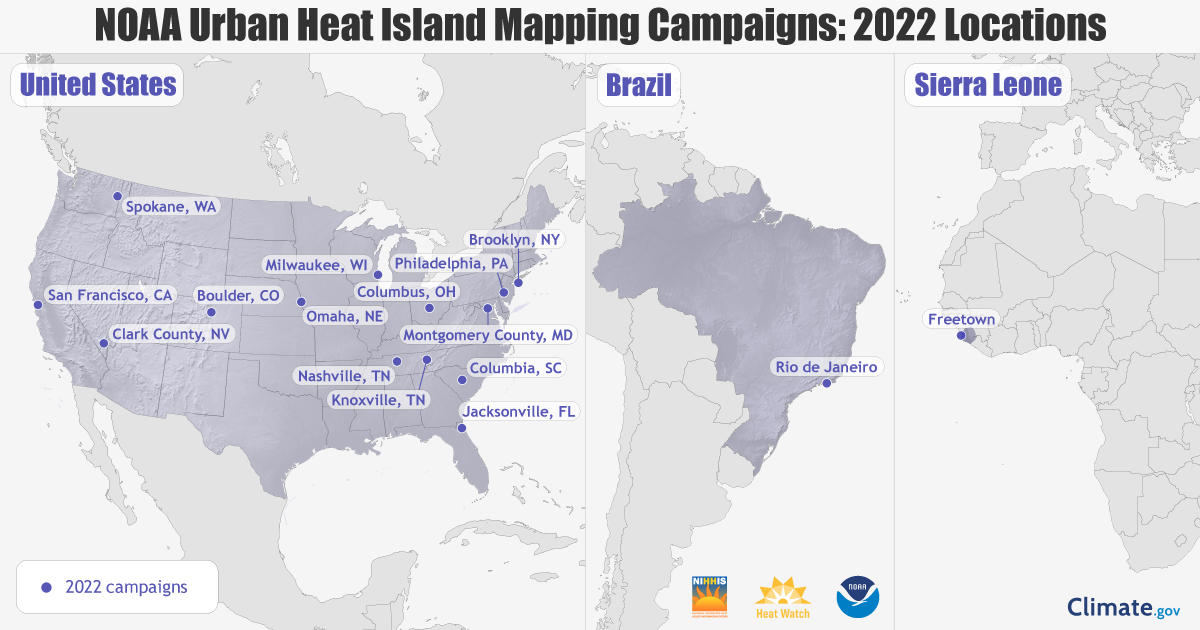 This map shows the 14 U.S. and two international communities that will take to the streets in 2022 as part of a NOAA-supported campaign to map heat islands in their communities.