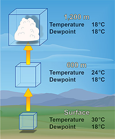 In an ideal atmosphere the saturation level of a parcel with a surface temperature of 85°F and a dew point of 65°F will cool to the saturation point at about 4,000 feet in elevation. Click image to change from English to metric unit.