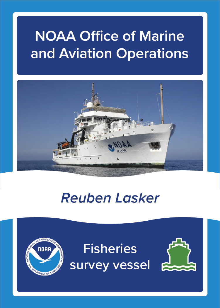 NOAA Ship Reuben Lasker, NOAA Office of Marine and Aviation Operations, Fisheries survey vessel. Image: Photo of NOAA Ship Reuben Lasker at sea. 