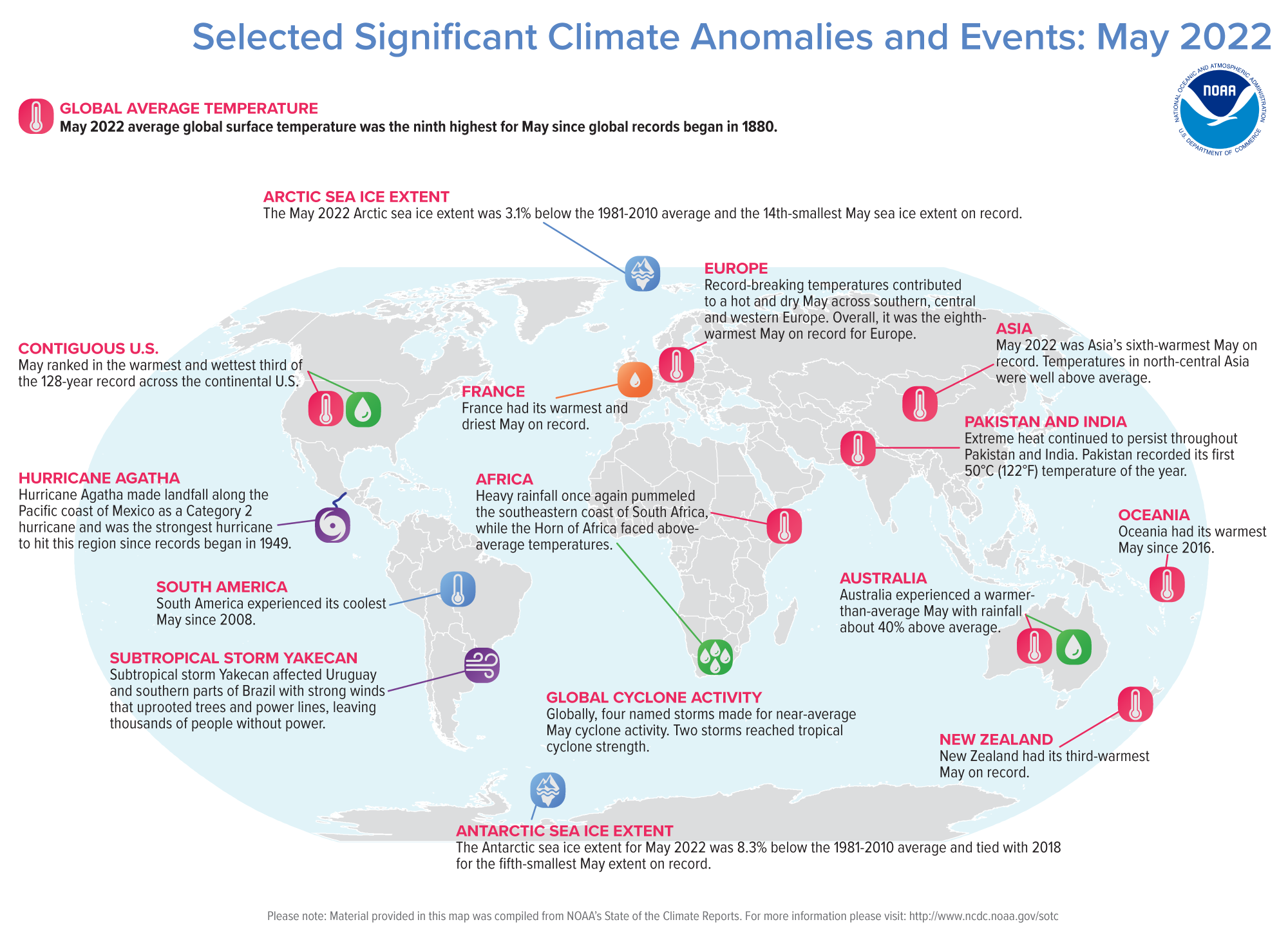 A map of the world plotted with some of the most significant climate events that occurred during May 2022. 