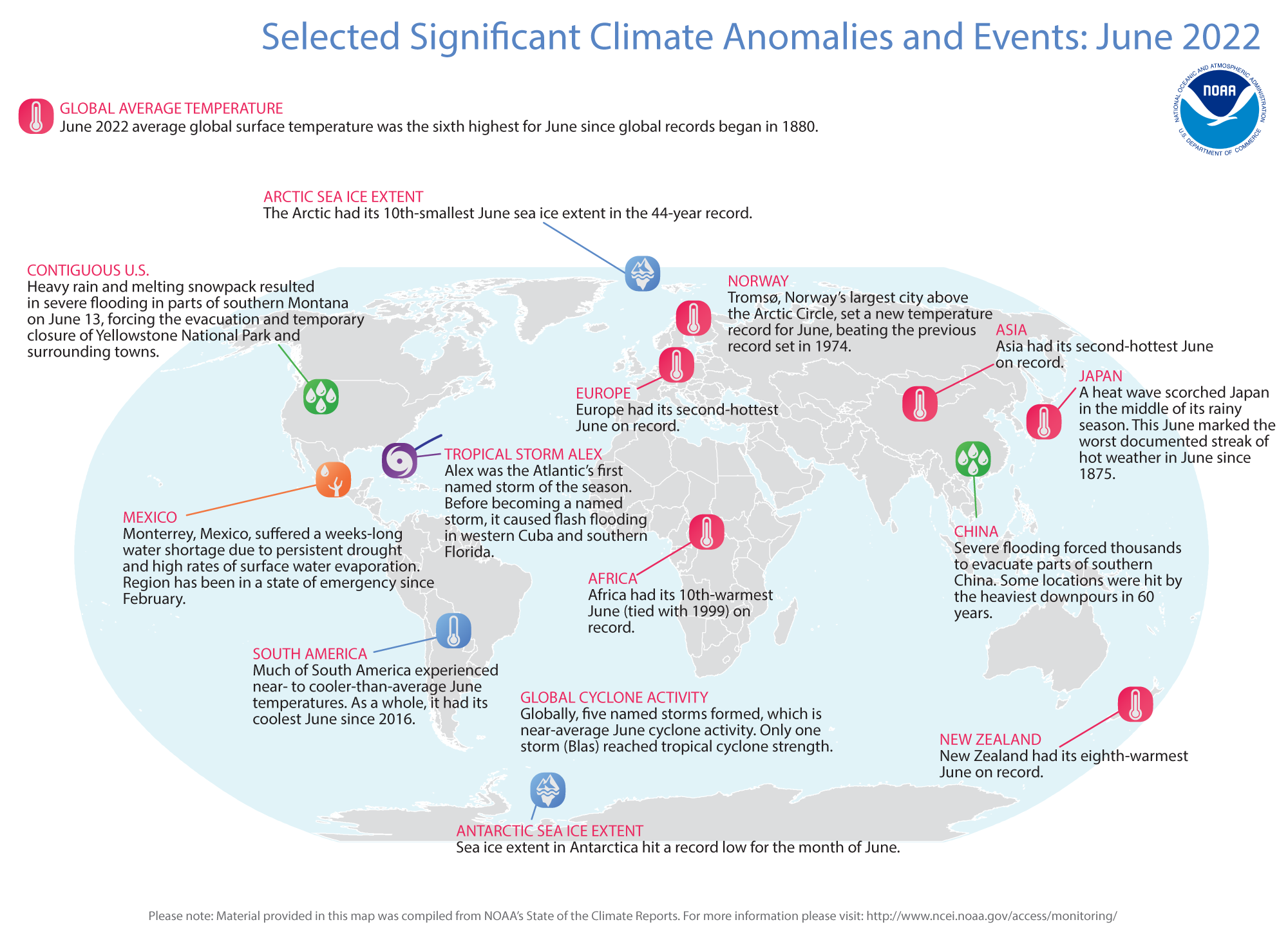 A map of the world plotted with some of the most significant climate events that occurred during June 2022.