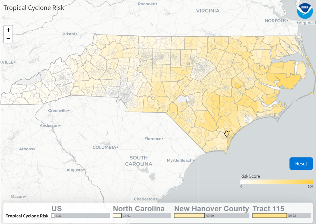 Map of North Carolina divided into U.S. census tracts that show Tropical Cyclone Risk in shades of yellow. 