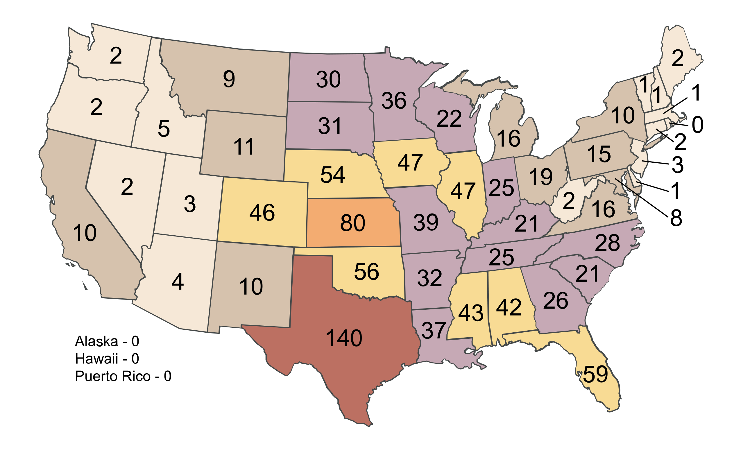 Annual average number of tornadoes by state 