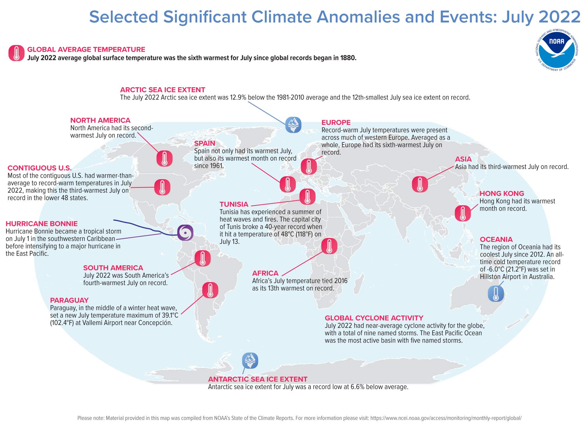 A map of the world plotted with some of the most significant climate events that occurred during July 2022.