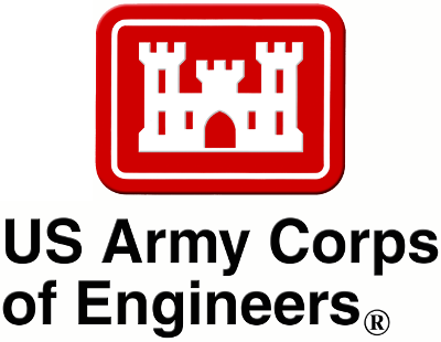 Red curved corner rectangle with a bold white rule surrounding a white icon of a castle with three turrets, a center door and six window-like openings on two levels above the words US Army Corps of Engineers in large, hold black letters and an R within a circle to indicate registered trademark
