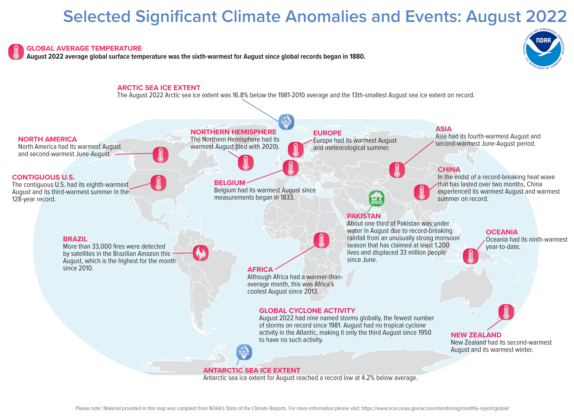  map of the world plotted with some of the most significant climate events that occurred during August 2022. 