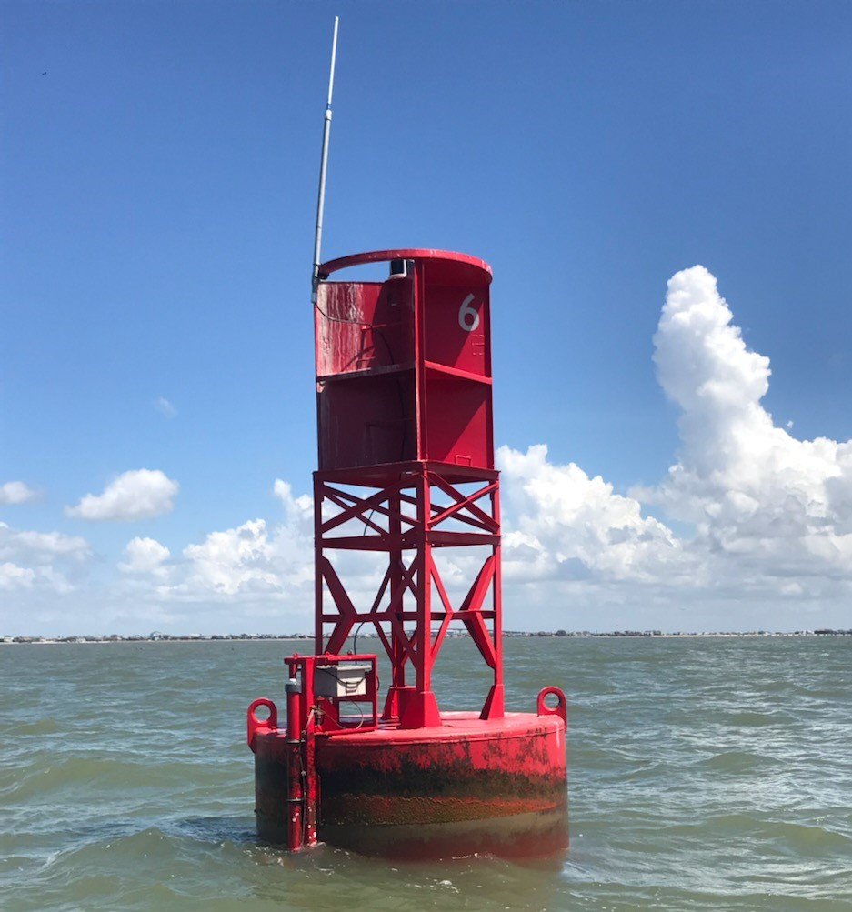 Current meter equipment installed on U.S. Coast Guard Lighted Buoy 6 along the Freeport entrance channel.