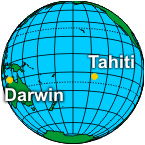 The locations of Tahiti and Darwin, Australia.