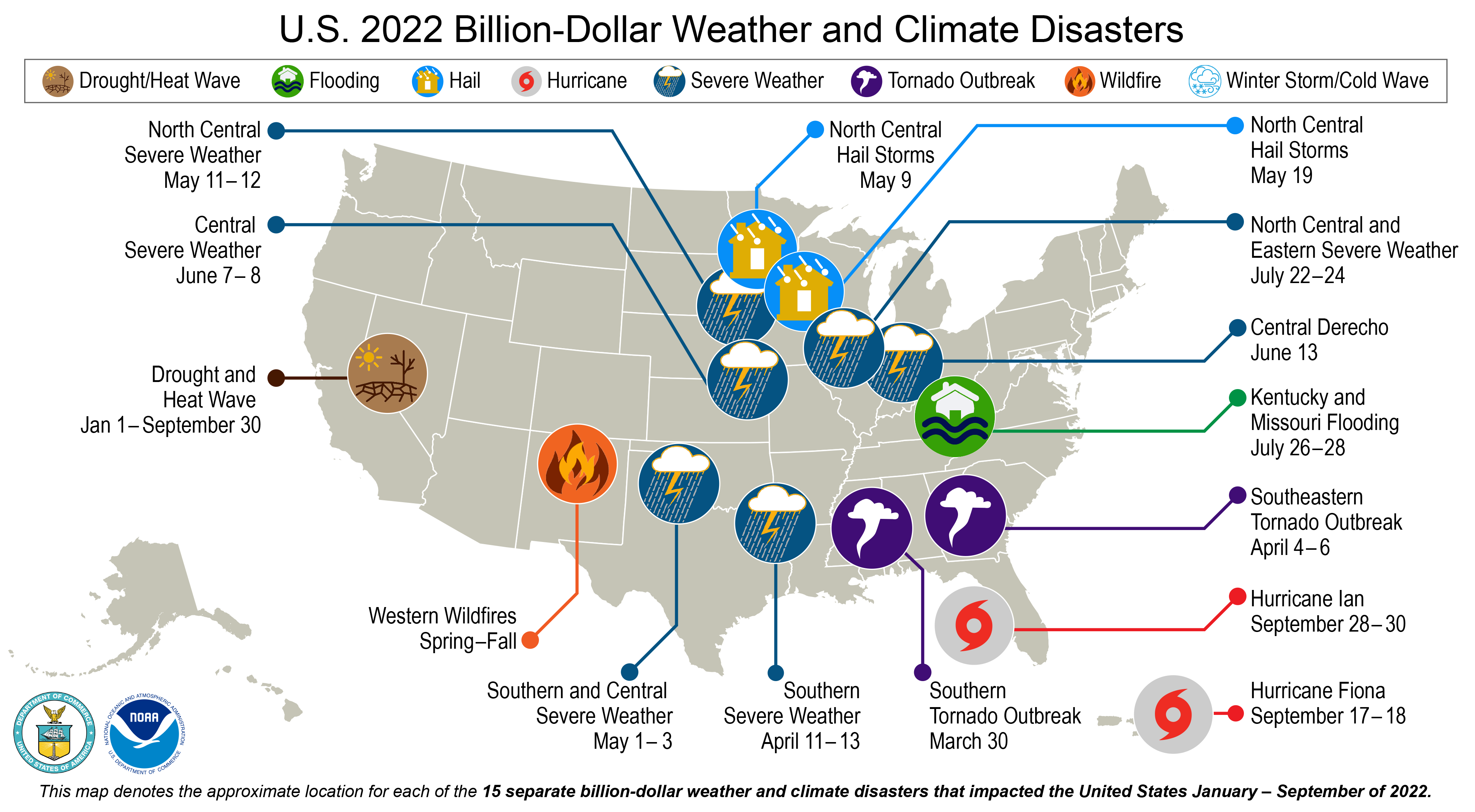 A map of the United States plotted with 18 weather and climate disasters each costing $1 billion or more that occurred between January and September 30, 2022.