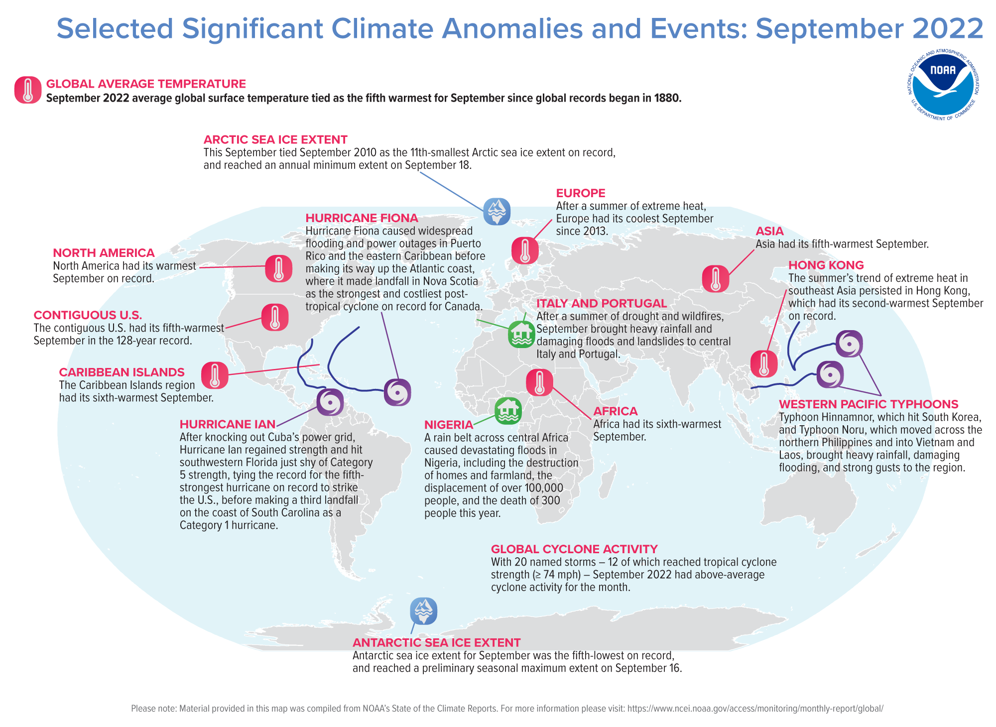 A map of the world plotted with some of the most significant climate events that occurred during September 2022.