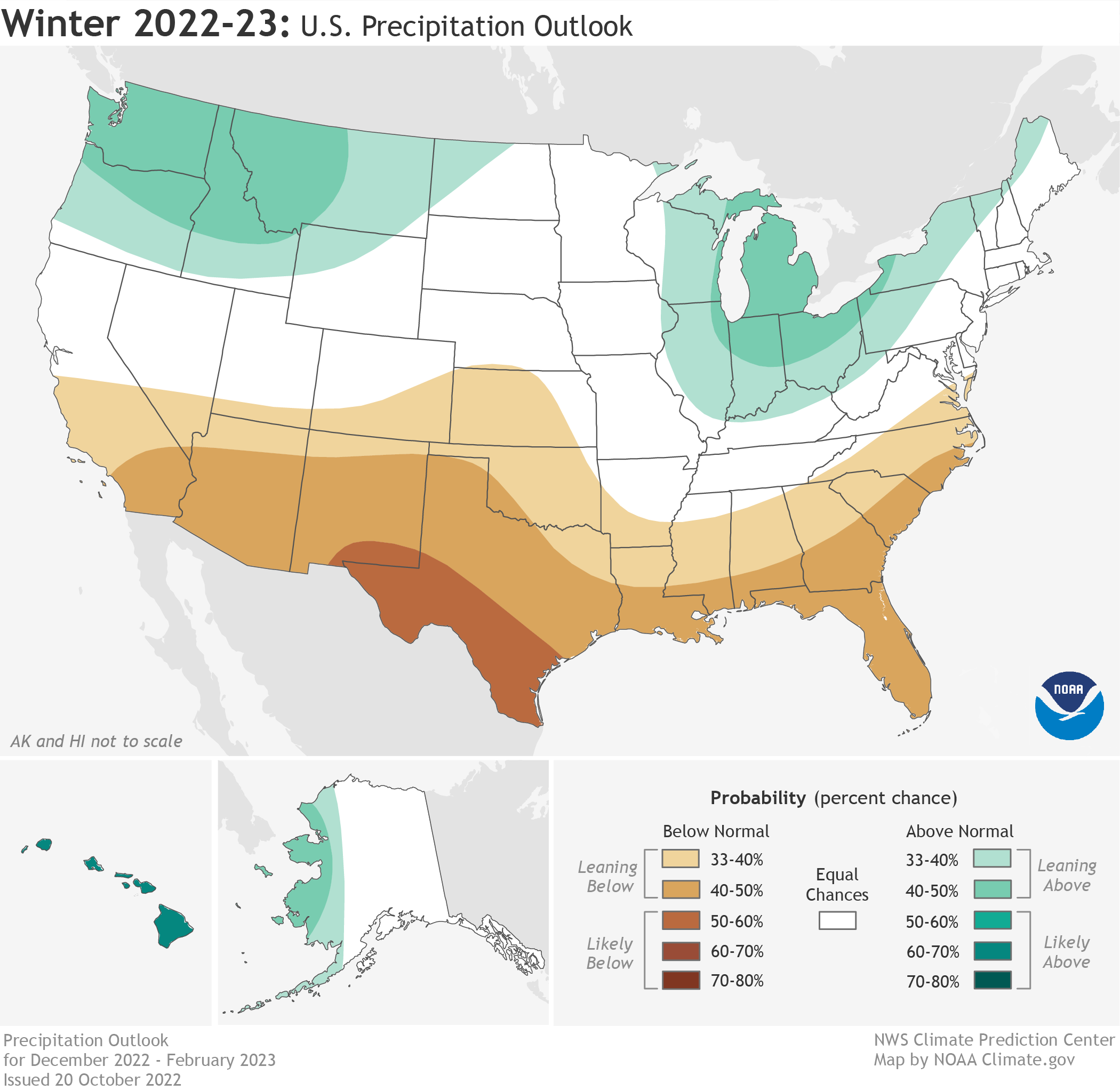 Map showing the 2022-2023 U.S. Winter Outlook map for precipitation shows wetter-than-average conditions are most likely in western Alaska, the Pacific Northwest, northern Rockies, Great Lakes and Ohio Valley. Drier-than-average conditions are forecast in portions of California, the Southwest, the southern Rockies, southern Plains, Gulf Coast and much of the Southeast.