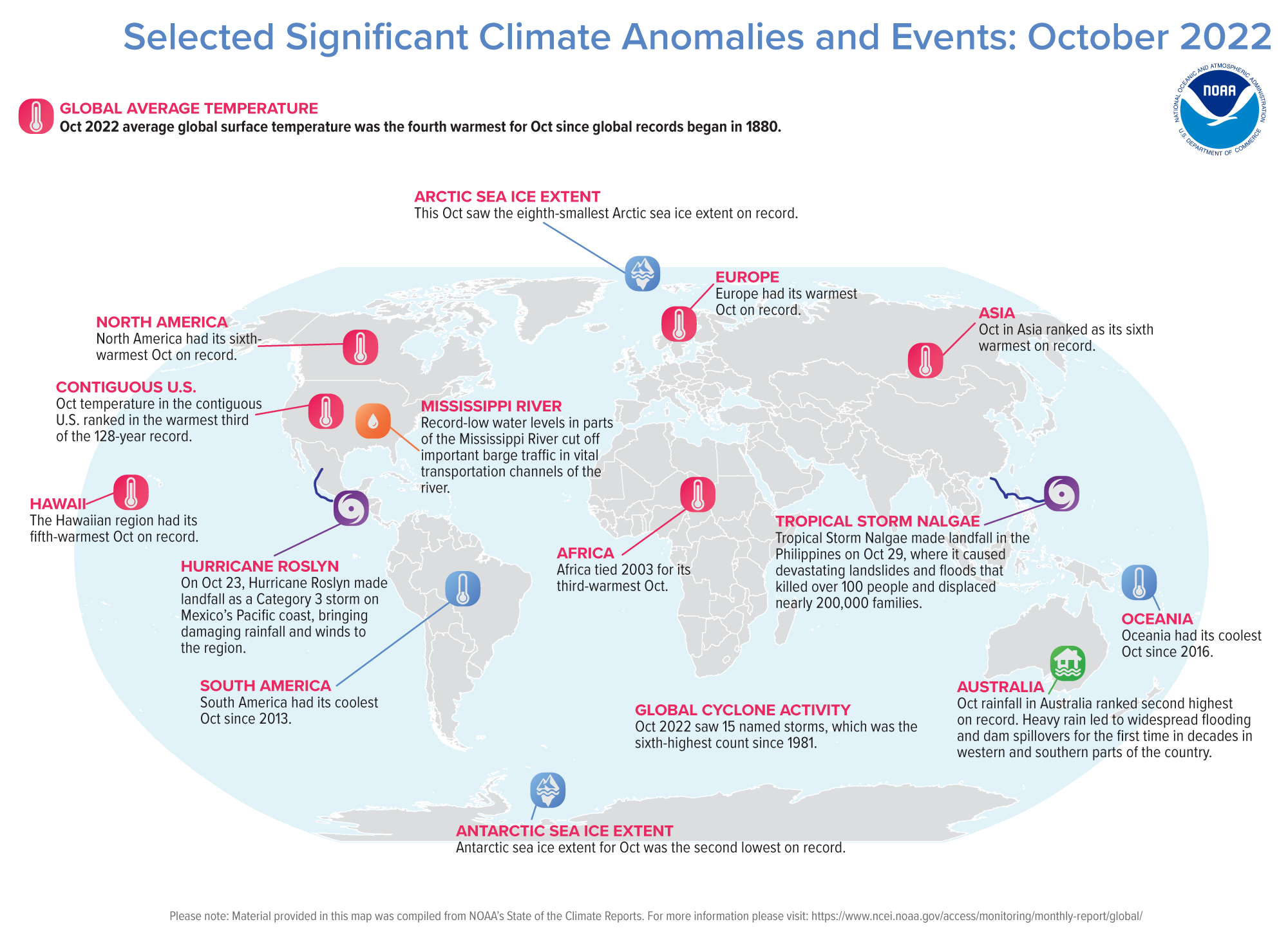 A map of the world plotted with some of the most significant climate events that occurred during October 2022. 